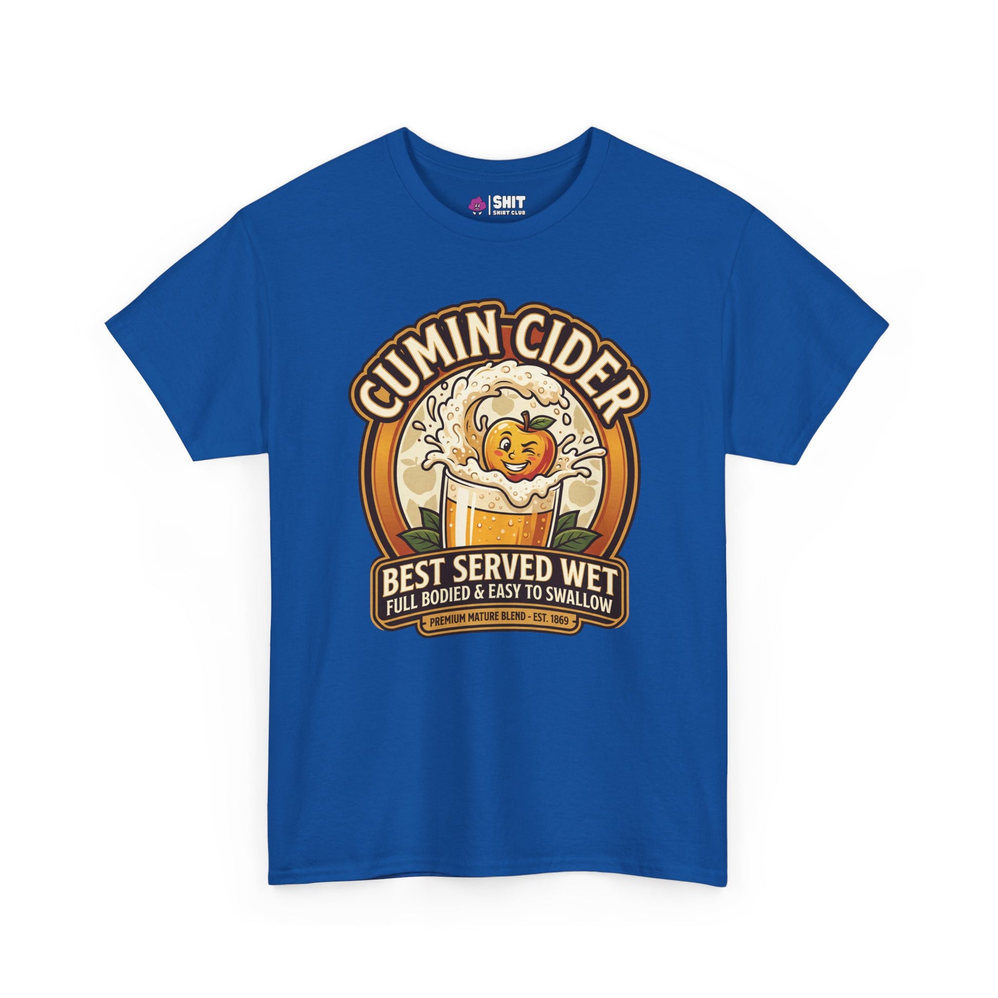 The Cumin Cider Stag Do Tee is a blue t-shirt featuring a smiling apple splashing into cider and the phrases: "Cumin Cider," "Best Served Wet," "Full Bodied & Easy to Swallow," and "Premium Mature Blend." Ideal for funny stag dos!.