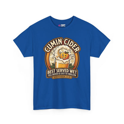 The Cumin Cider Stag Do Tee is a blue t-shirt featuring a smiling apple splashing into cider and the phrases: "Cumin Cider," "Best Served Wet," "Full Bodied & Easy to Swallow," and "Premium Mature Blend." Ideal for funny stag dos!.