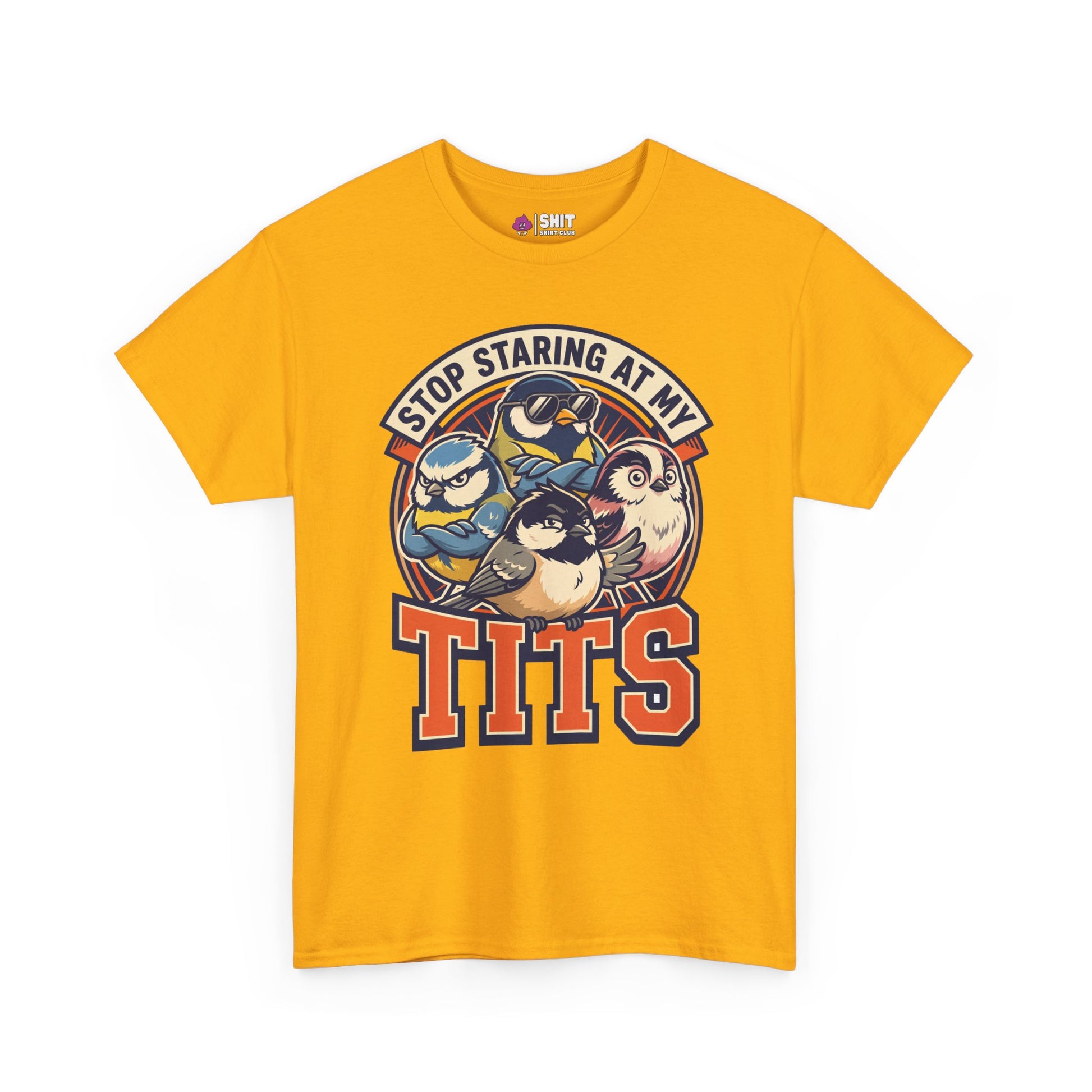 The “Stop Staring at My Tits” Stag Do Tee is a yellow shirt with cartoon tit birds and cheeky text—a hilarious choice for stag do outfits or as a fun gift for the groom.