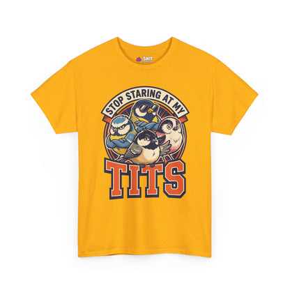 The “Stop Staring at My Tits” Stag Do Tee is a yellow shirt with cartoon tit birds and cheeky text—a hilarious choice for stag do outfits or as a fun gift for the groom.