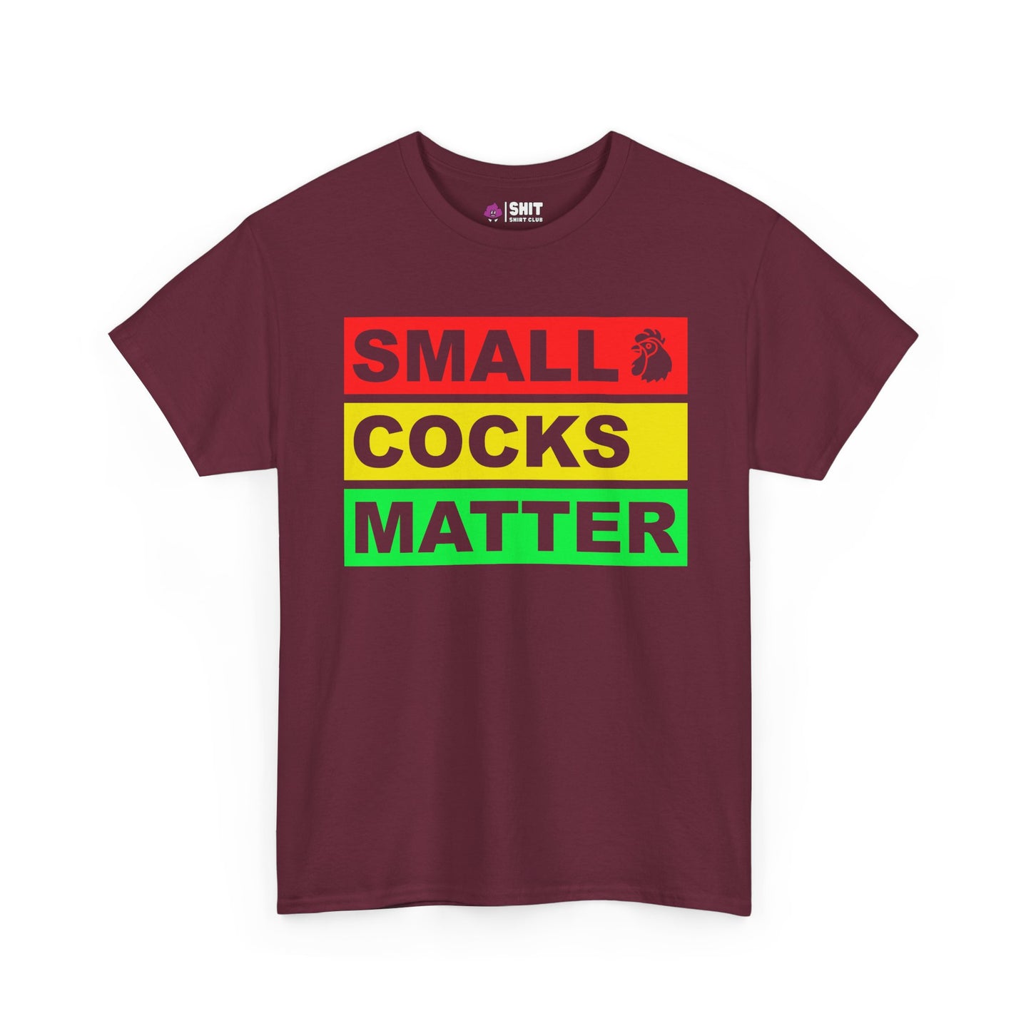 The Small Cocks Matter Stag Do Tee features playful text and a rooster icon—ideal as a funny stag do shirt or a bold body confidence tee for any fun occasion.