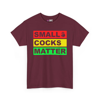The Small Cocks Matter Stag Do Tee features playful text and a rooster icon—ideal as a funny stag do shirt or a bold body confidence tee for any fun occasion.