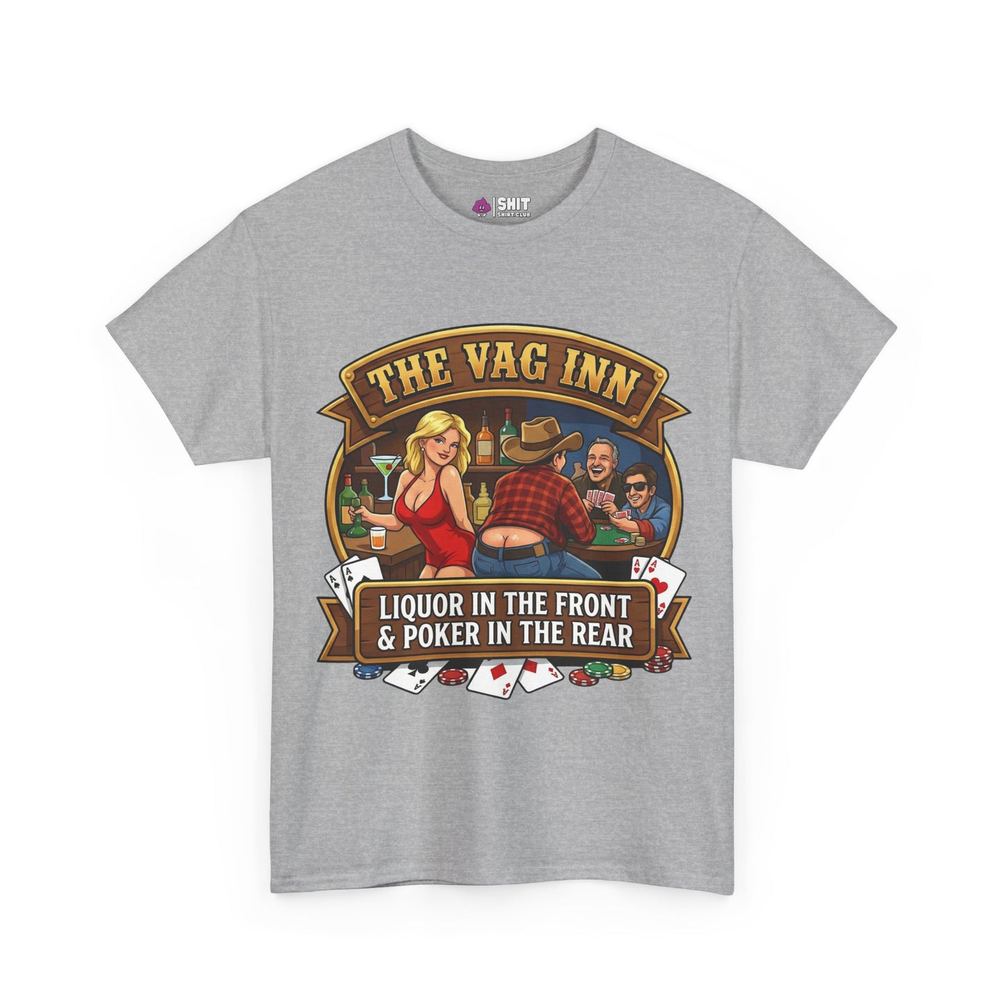 The Vag Inn "Liquor in the Front & Poker in the Rear" Tee features a fun cartoon poker bar scene with playful text—perfect for unisex stag parties and your next stag do!.