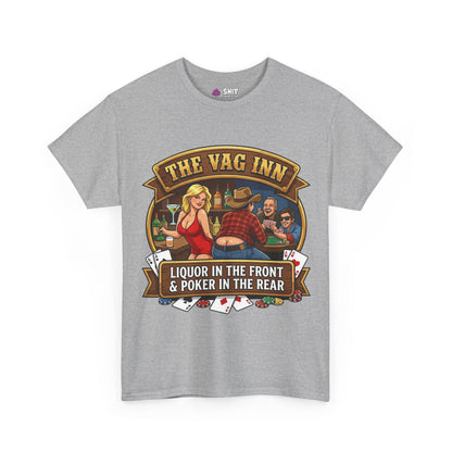 The Vag Inn "Liquor in the Front & Poker in the Rear" Tee features a fun cartoon poker bar scene with playful text—perfect for unisex stag parties and your next stag do!.