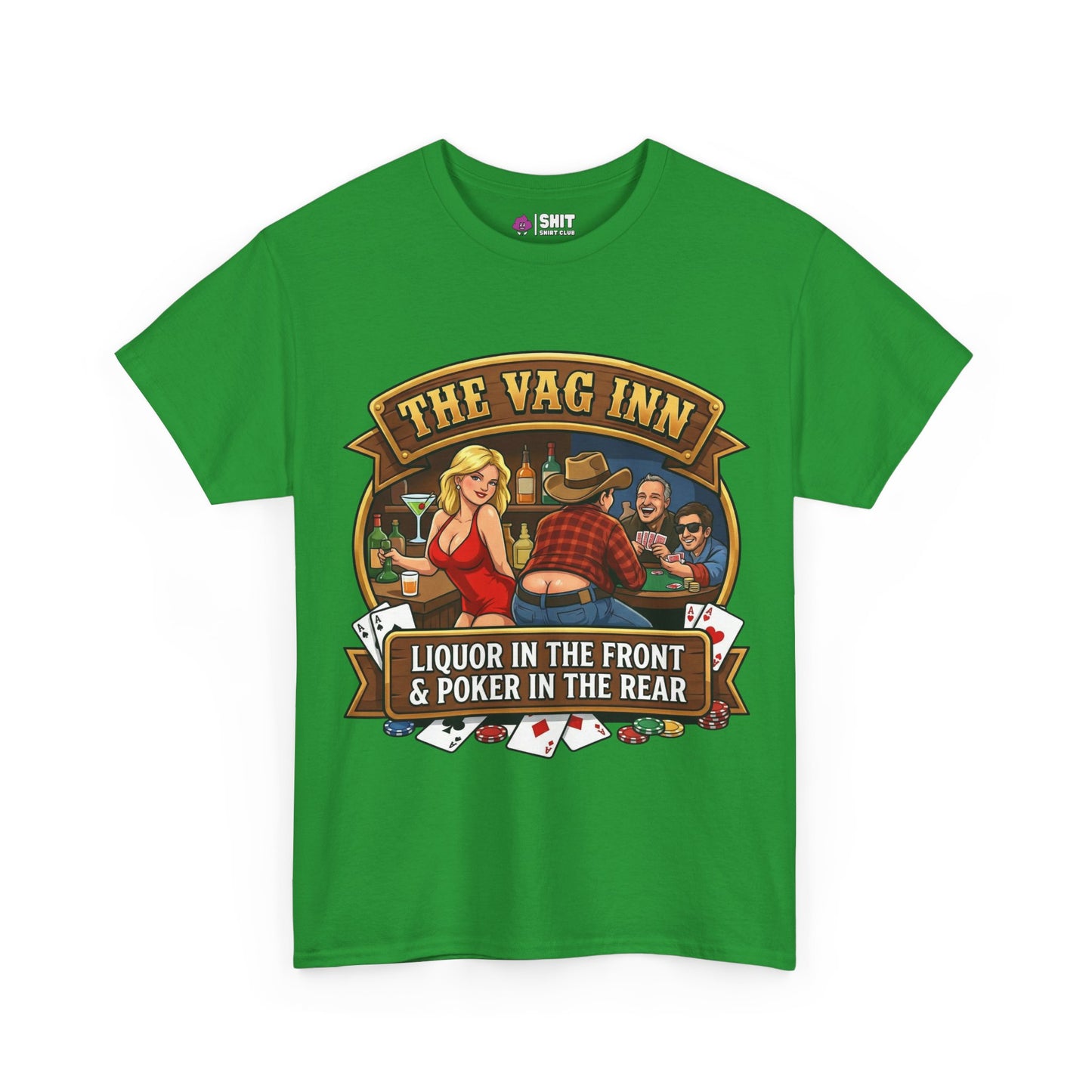 The Vag Inn "Liquor in the Front & Poker in the Rear" Tee features playful graphics of cards and drinks, making it a fun unisex stag party shirt or stag do tee with its cheeky bar poker theme.