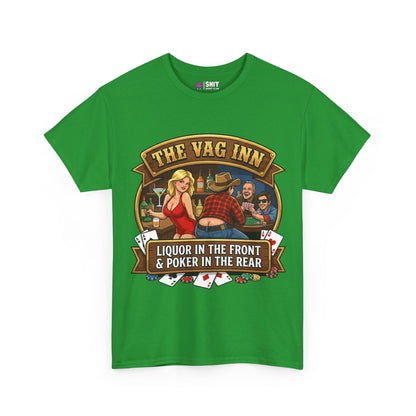 The Vag Inn "Liquor in the Front & Poker in the Rear" Tee features playful graphics of cards and drinks, making it a fun unisex stag party shirt or stag do tee with its cheeky bar poker theme.