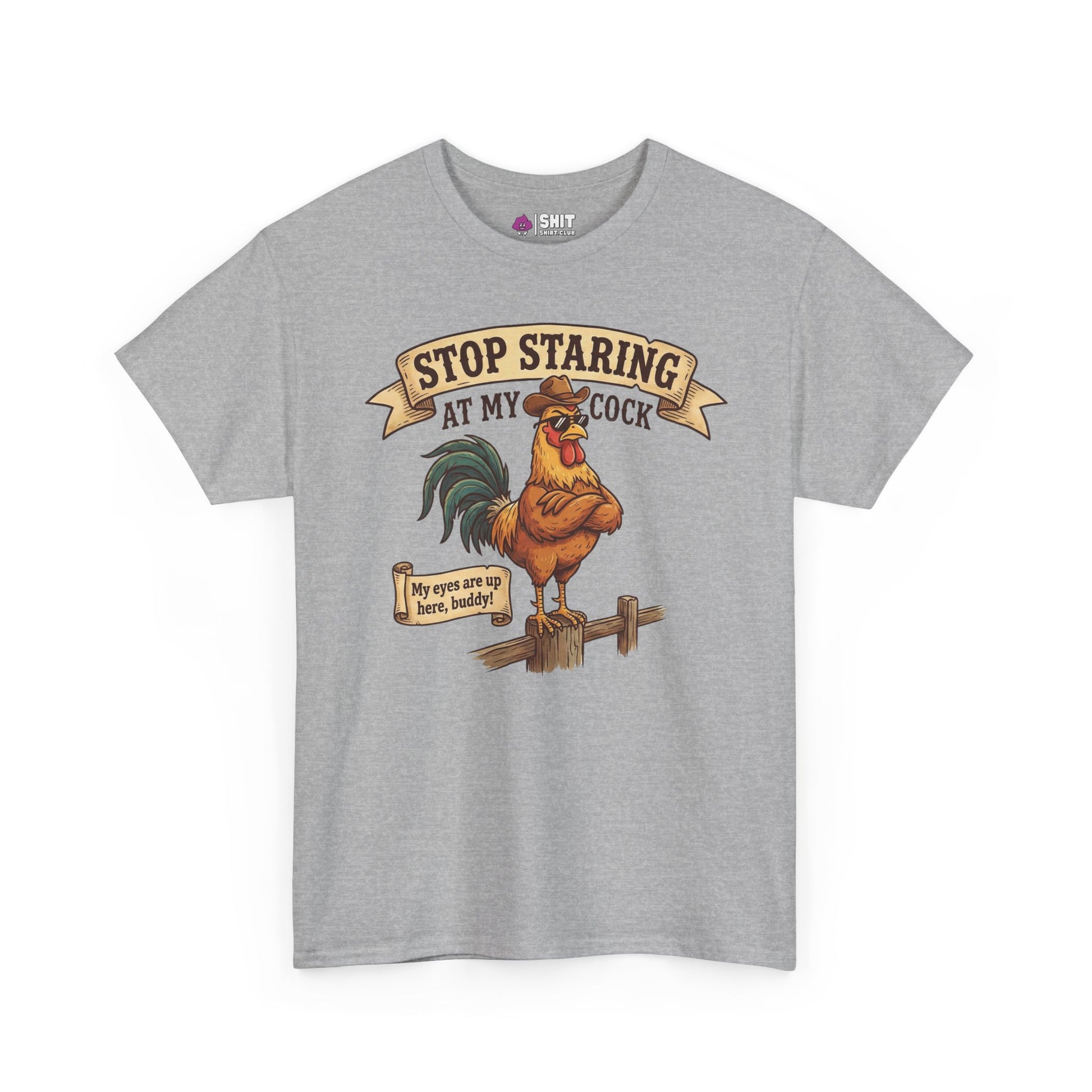The Stop Staring at My Cock Stag Do Tee is a gray groom t-shirt with a cartoon rooster and witty text—ideal for stag parties or sharing laughs with your crew.