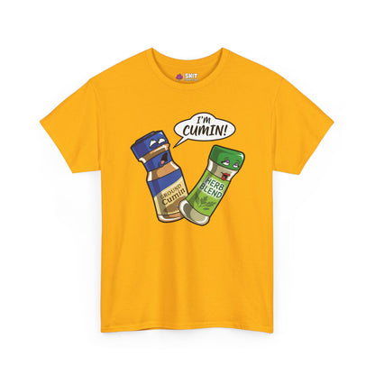 The "I’m Cumin!" Stag Do Tee features a yellow cartoon t-shirt with spice jars labeled Ground Cumin and Herb Blend—the cumin jar says “I’m cumin!” Perfect funny shirt for your next stag do or party.