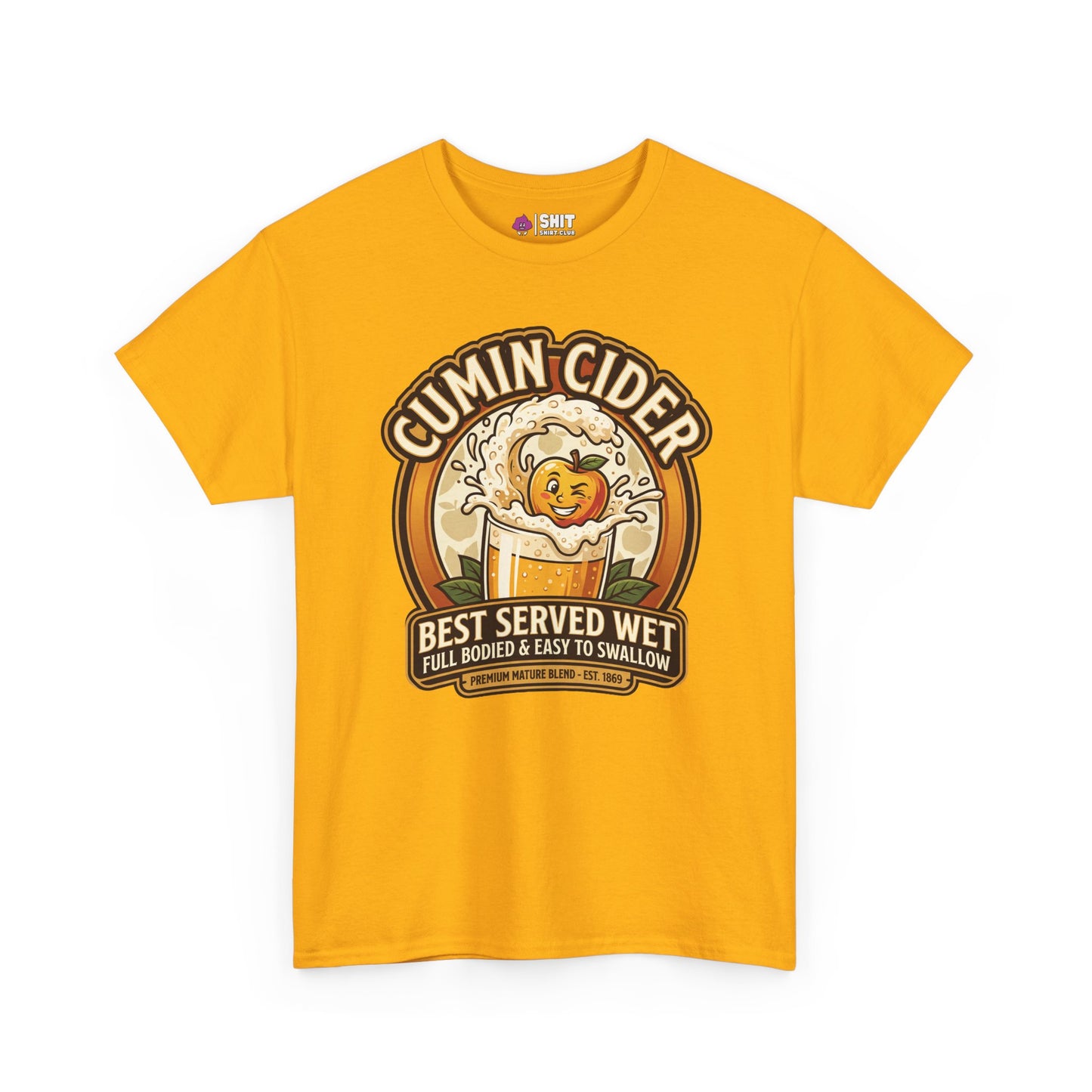 The Cumin Cider Stag Do Tee is a yellow shirt with a cartoon apple splashing in cider, “Cumin Cider” above, and “Best Served Wet – Full Bodied & Easy to Swallow” below—bold, playful, and ideal for parties or as a groom gift.