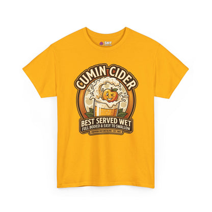 The Cumin Cider Stag Do Tee is a yellow shirt with a cartoon apple splashing in cider, “Cumin Cider” above, and “Best Served Wet – Full Bodied & Easy to Swallow” below—bold, playful, and ideal for parties or as a groom gift.