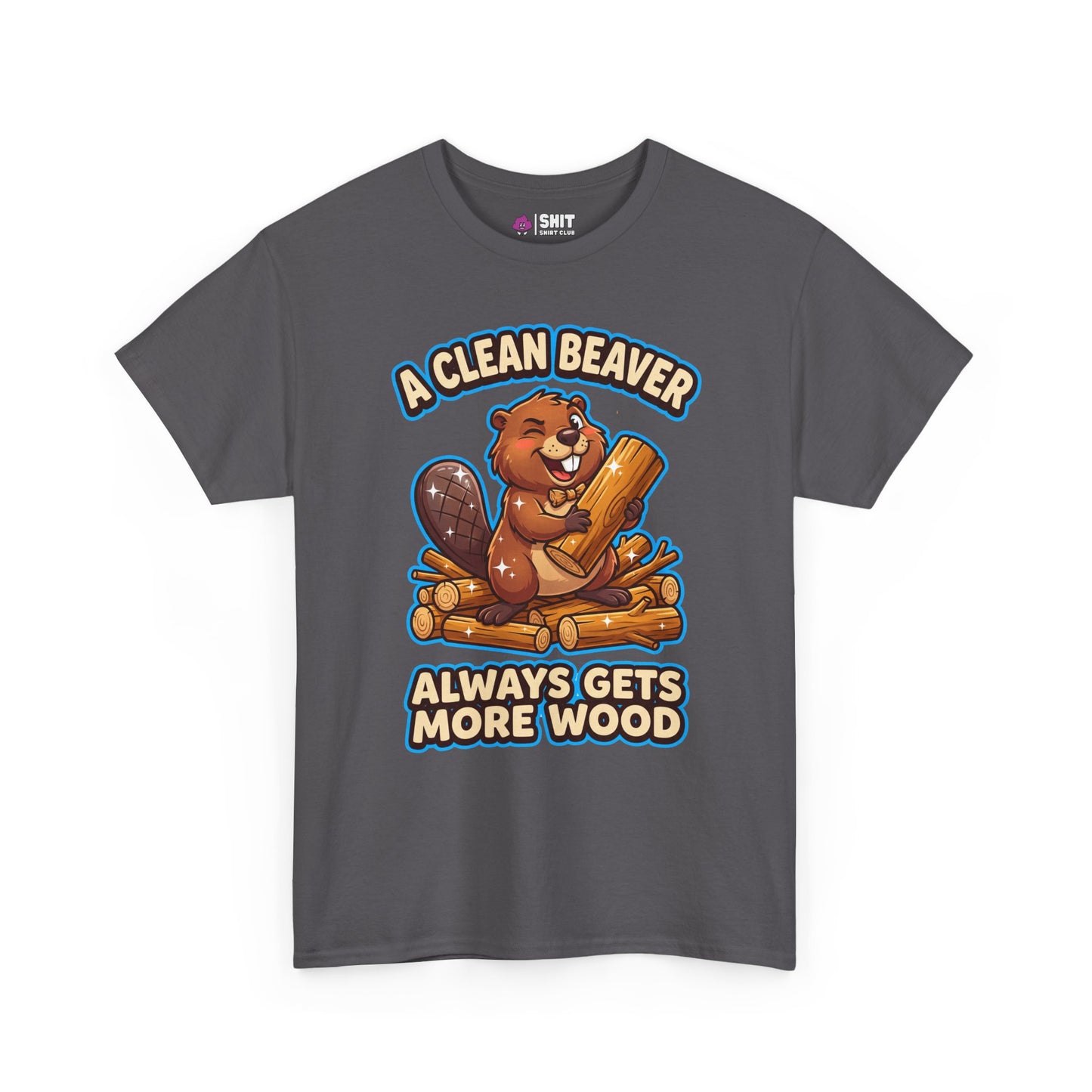 The "A Clean Beaver Always Gets More Wood" Stag Do Tee is a gray shirt featuring a cartoon beaver with logs and a playful slogan—great for stag do outfits or as a funny gift for the group.