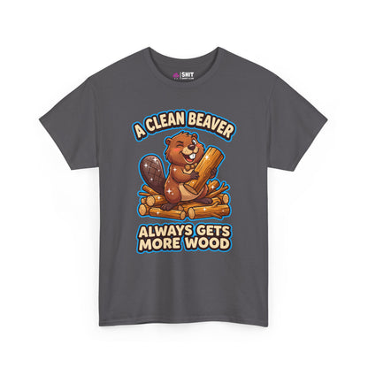 The "A Clean Beaver Always Gets More Wood" Stag Do Tee is a gray shirt featuring a cartoon beaver with logs and a playful slogan—great for stag do outfits or as a funny gift for the group.