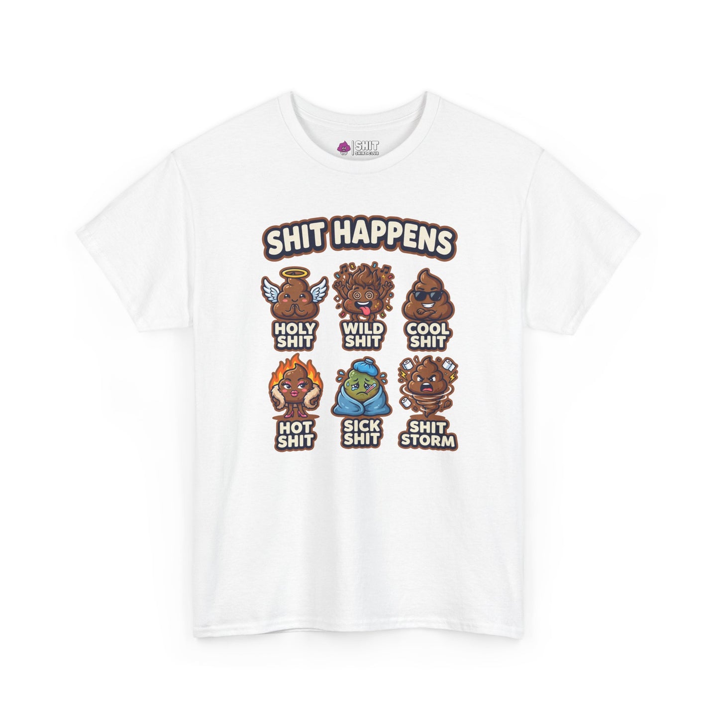 The Shit Happens Stag Do Tee is a white t-shirt with six cartoon poop illustrations and witty labels like Holy Shit and Shit Storm—perfect as a cheeky, funny t-shirt for your next stag weekend.