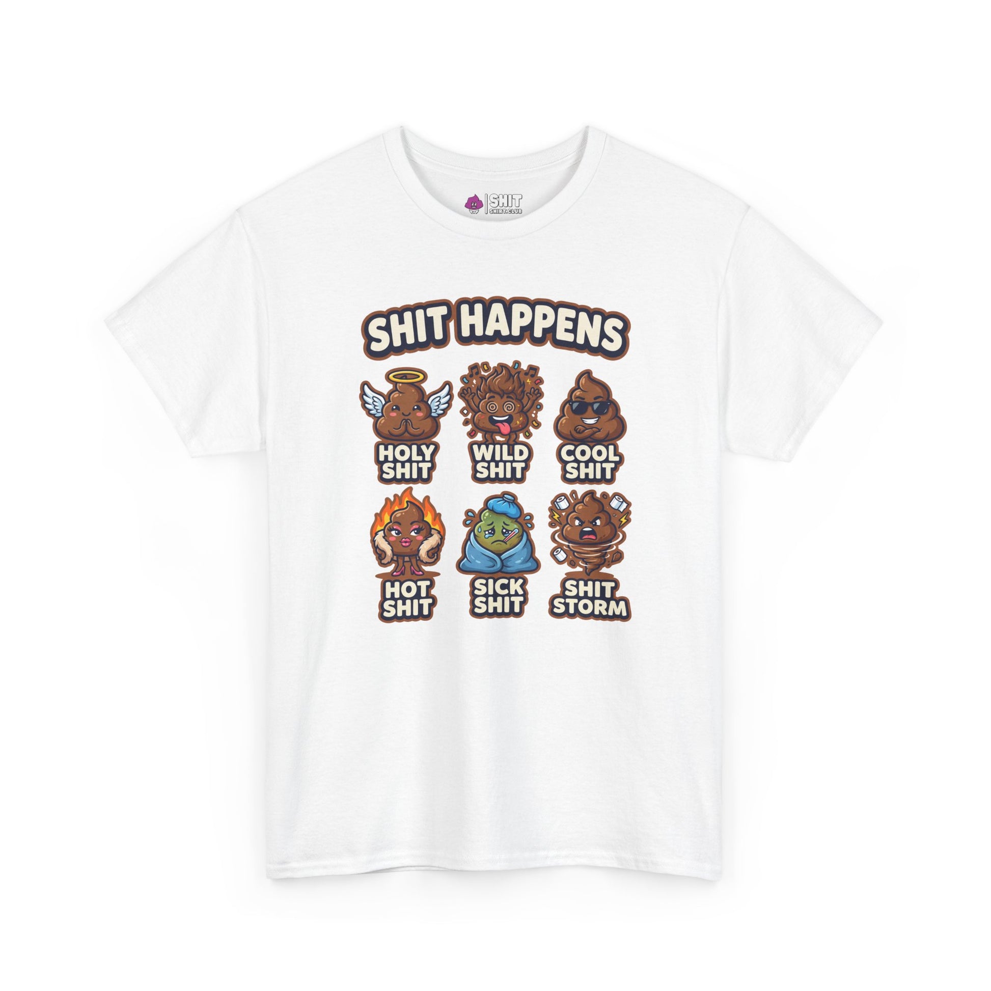 The Shit Happens Stag Do Tee is a white t-shirt with six cartoon poop illustrations and witty labels like Holy Shit and Shit Storm—perfect as a cheeky, funny t-shirt for your next stag weekend.