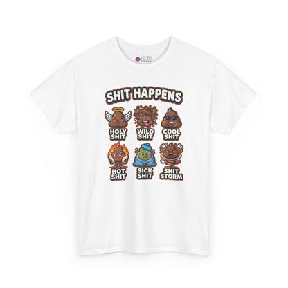 The Shit Happens Stag Do Tee is a white t-shirt with six cartoon poop illustrations and witty labels like Holy Shit and Shit Storm—perfect as a cheeky, funny t-shirt for your next stag weekend.