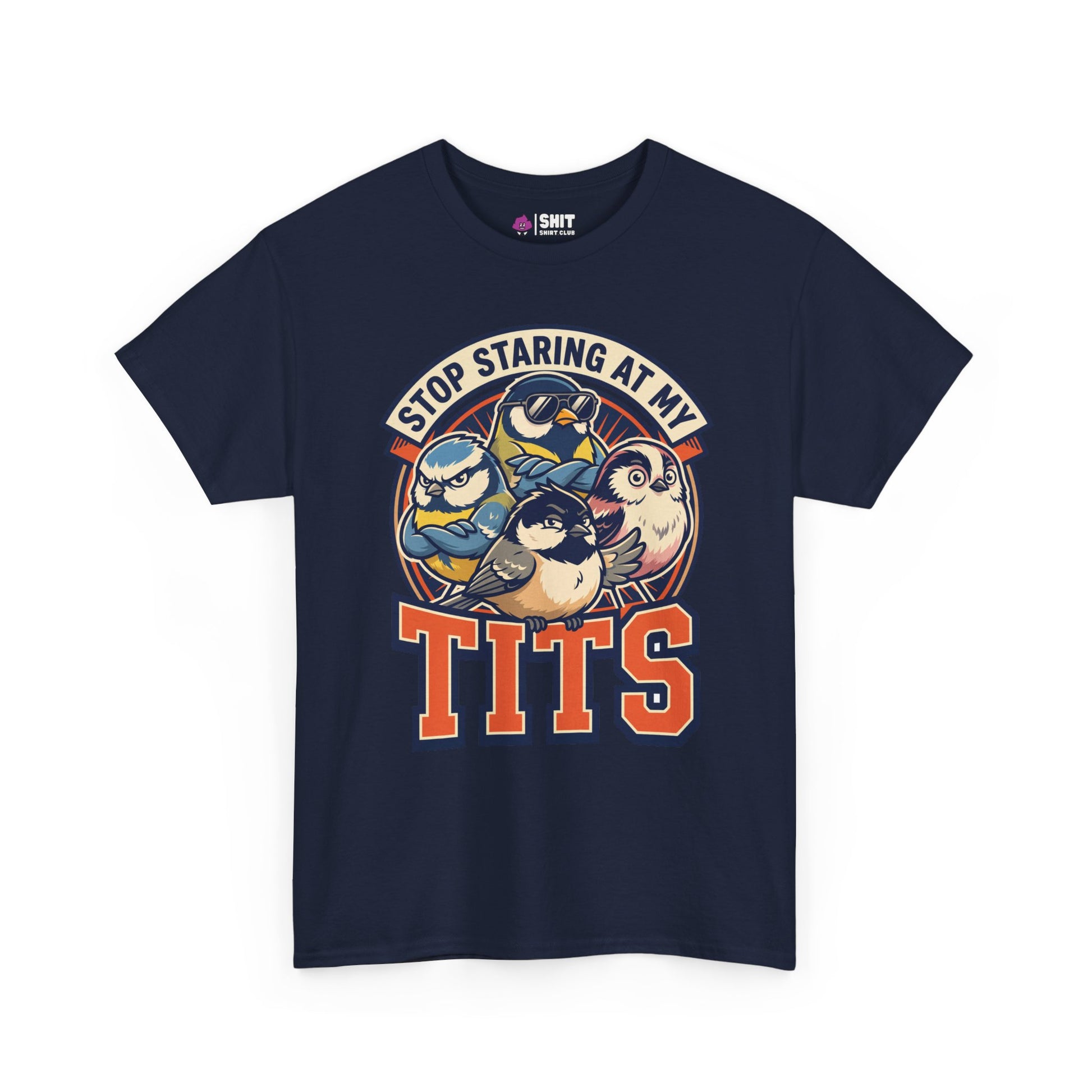The “Stop Staring at My Tits” Stag Do Tee is a navy blue shirt with cartoon tits (birds) and cheeky text—ideal for stag dos or as a fun groom gift.