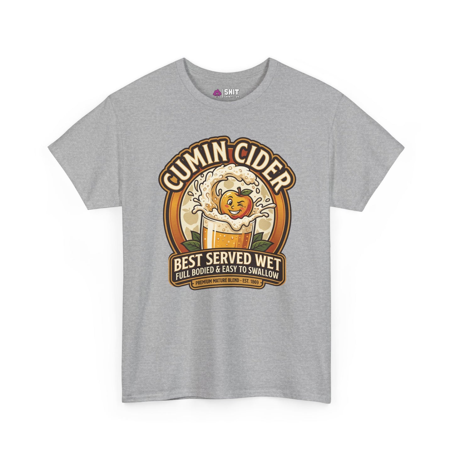 The Cumin Cider Stag Do Tee is a gray shirt with a playful smiling apple splashing into cider design and the text: "Cumin Cider - Best Served Wet, Full Bodied & Easy to Swallow." Ideal for stag dos or as a unique groom gift.