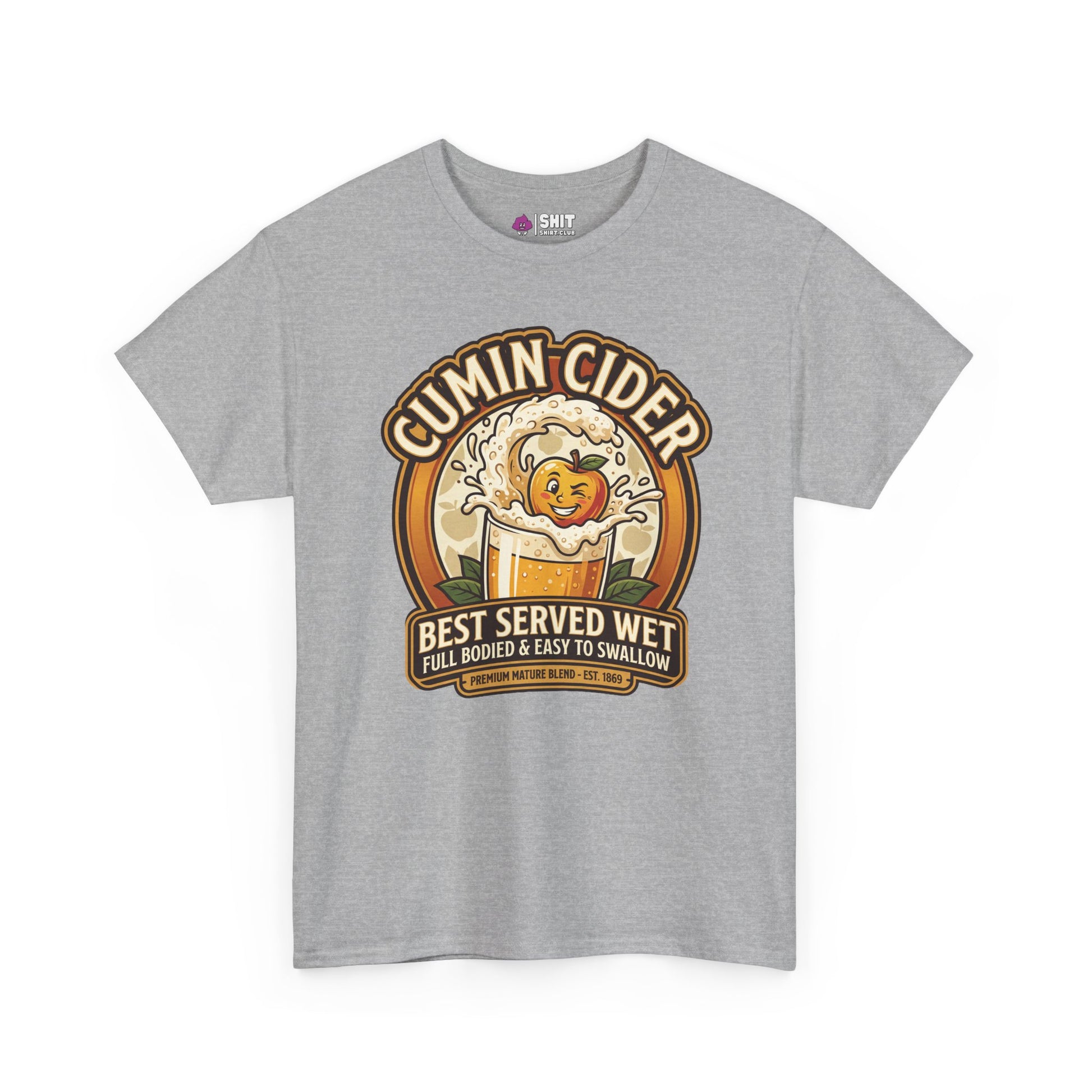 The Cumin Cider Stag Do Tee is a gray shirt with a playful smiling apple splashing into cider design and the text: "Cumin Cider - Best Served Wet, Full Bodied & Easy to Swallow." Ideal for stag dos or as a unique groom gift.