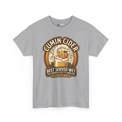 The Cumin Cider Stag Do Tee is a gray shirt with a playful smiling apple splashing into cider design and the text: "Cumin Cider - Best Served Wet, Full Bodied & Easy to Swallow." Ideal for stag dos or as a unique groom gift.