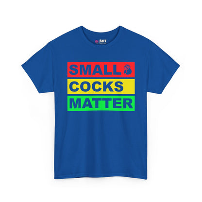 The Small Cocks Matter Stag Do Tee is a blue shirt with bold red, yellow, and green text boxes. “COCKS” refers to roosters, highlighted by a rooster icon—ideal for stag do humor or as a funny body confidence tee.