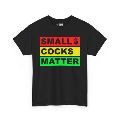 The Small Cocks Matter Stag Do Tee features bold red, yellow, and green text with a rooster icon—ideal for stag do laughs and showcasing body confidence.