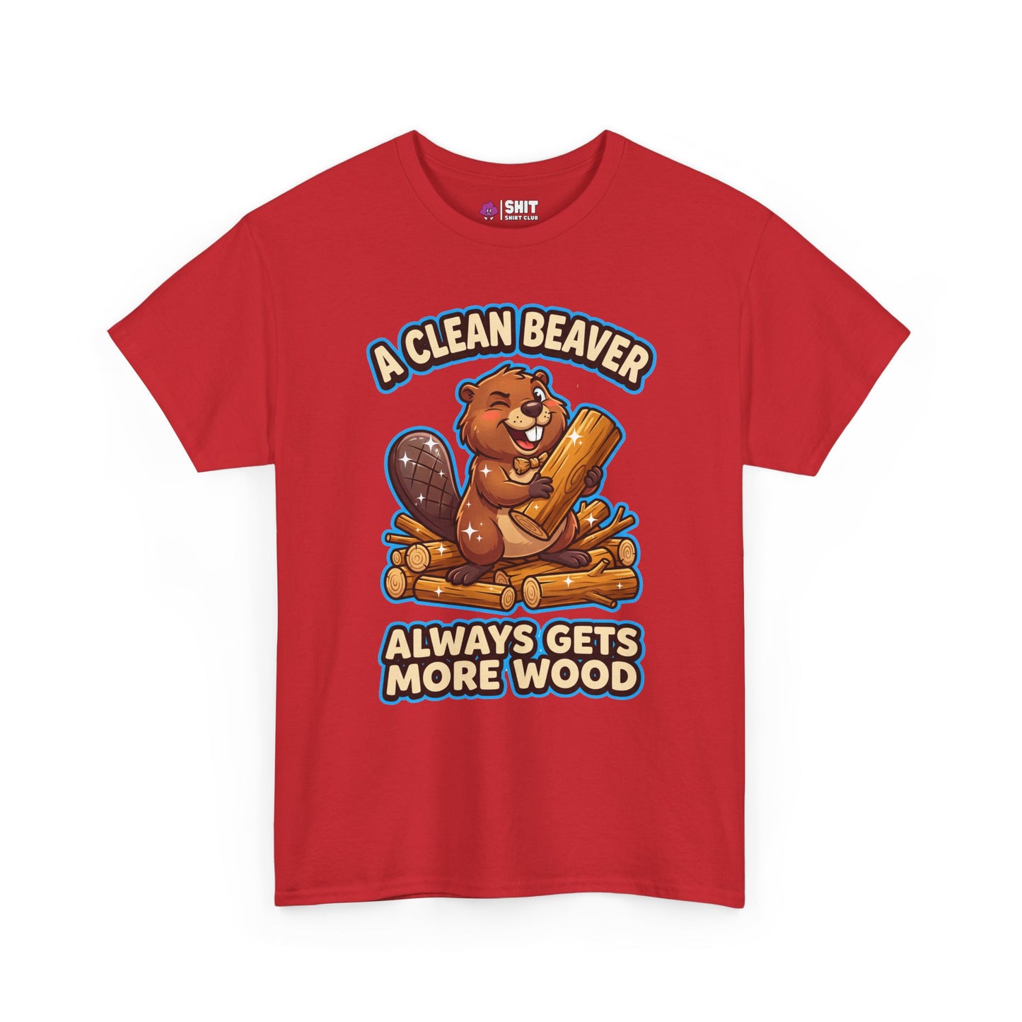 The "A Clean Beaver Always Gets More Wood" Stag Do Tee features a cartoon beaver with wood and a cheeky slogan, making it the perfect funny shirt for your next stag do!.
