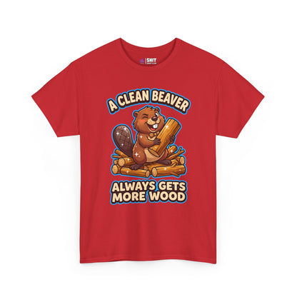 The "A Clean Beaver Always Gets More Wood" Stag Do Tee features a cartoon beaver with wood and a cheeky slogan, making it the perfect funny shirt for your next stag do!.