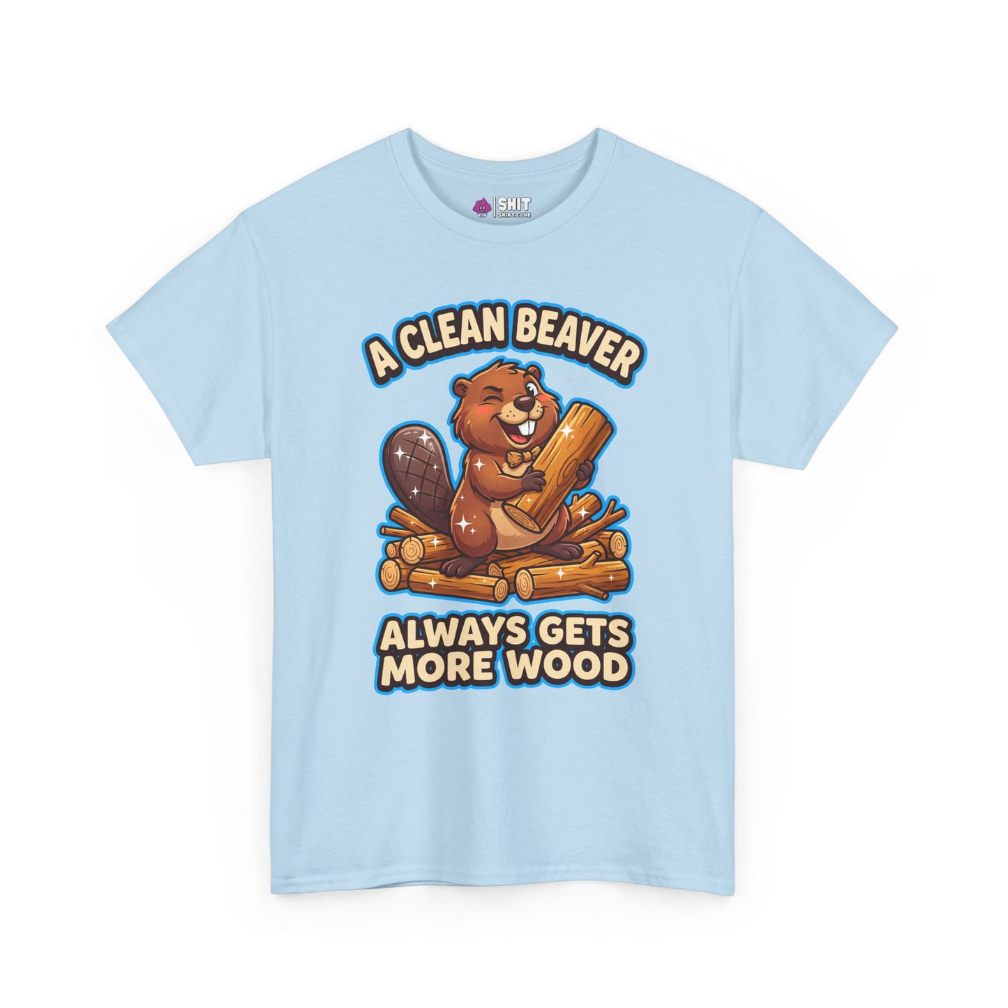 The "A Clean Beaver Always Gets More Wood" Stag Do Tee is a light blue shirt with a cartoon beaver on a woodpile, featuring the playful slogan—ideal for stag do groups or anyone seeking a funny matching party outfit!.