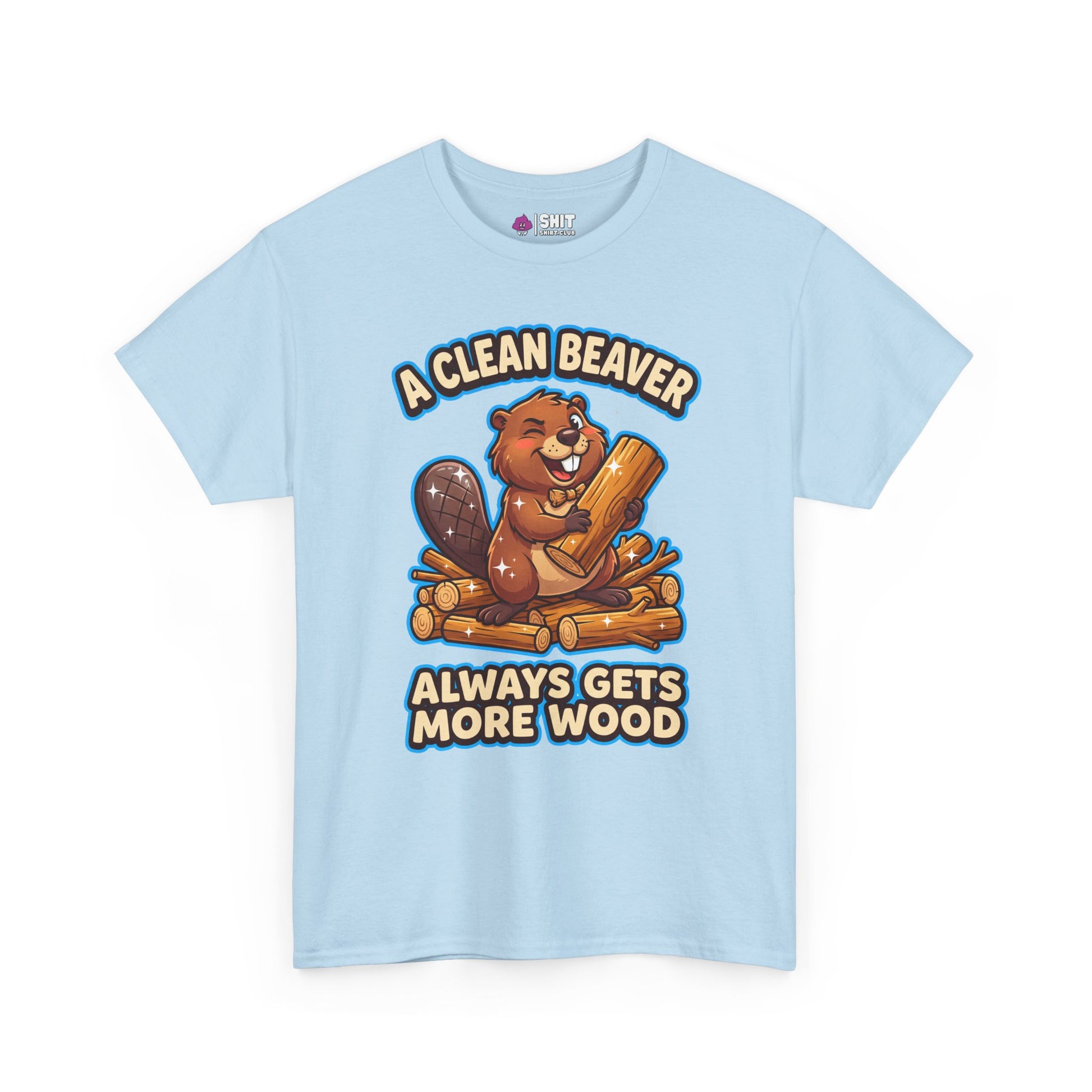 The "A Clean Beaver Always Gets More Wood" Stag Do Tee is a light blue shirt with a cartoon beaver on a woodpile, featuring the playful slogan—ideal for stag do groups or anyone seeking a funny matching party outfit!.