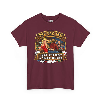 The Vag Inn Stag Do Tee: Maroon shirt with an illustrated bar scene, woman in red, two men, playing cards, and “THE VAG INN - Liquor in the Front & Poker in the Rear.” A funny stag party shirt.