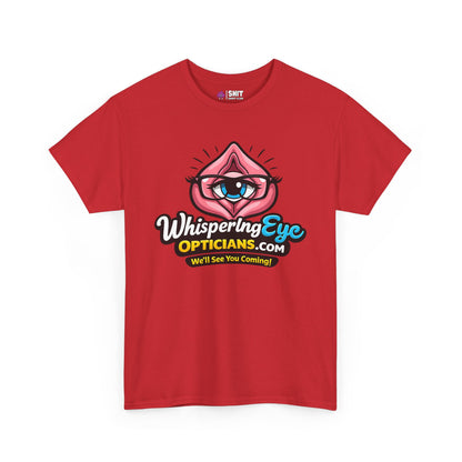 The Whispering Eye Opticians Logo Tee (We'll See You Coming!) is a red shirt with a cartoon eye in a pink lip outline, “Whispering Eye Opticians.com” text, and the slogan “We’ll See You Coming!” in yellow—ideal for stag dos.