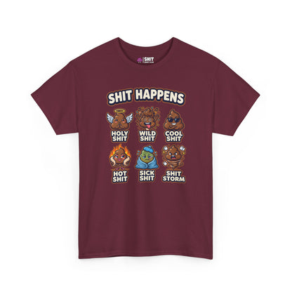 The Shit Happens Stag Do Tee features cartoon poop characters with labels like “Holy Shit” and “Shit Storm,” plus the text “Shit Happens”—a hilarious maroon stag party shirt for your next wild night out!.