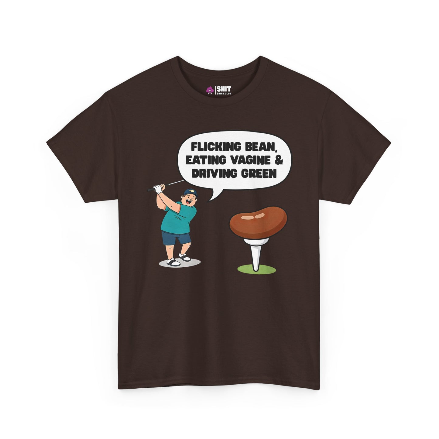 The "Flicking Bean, Eating Vagine & Driving Green" Tee is a brown golf shirt with a cartoon golfer and the cheeky slogan—ideal as a funny gift or stag do outfit.