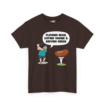 The "Flicking Bean, Eating Vagine & Driving Green" Tee is a brown golf shirt with a cartoon golfer and the cheeky slogan—ideal as a funny gift or stag do outfit.