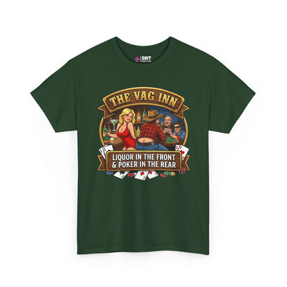 The Vag Inn Stag Do Tee is a dark green funny pub crawl shirt with a colorful graphic of a woman in red and two men at a poker table. It features the text "Liquor in the Front & Poker in the Rear" and playing cards underneath.