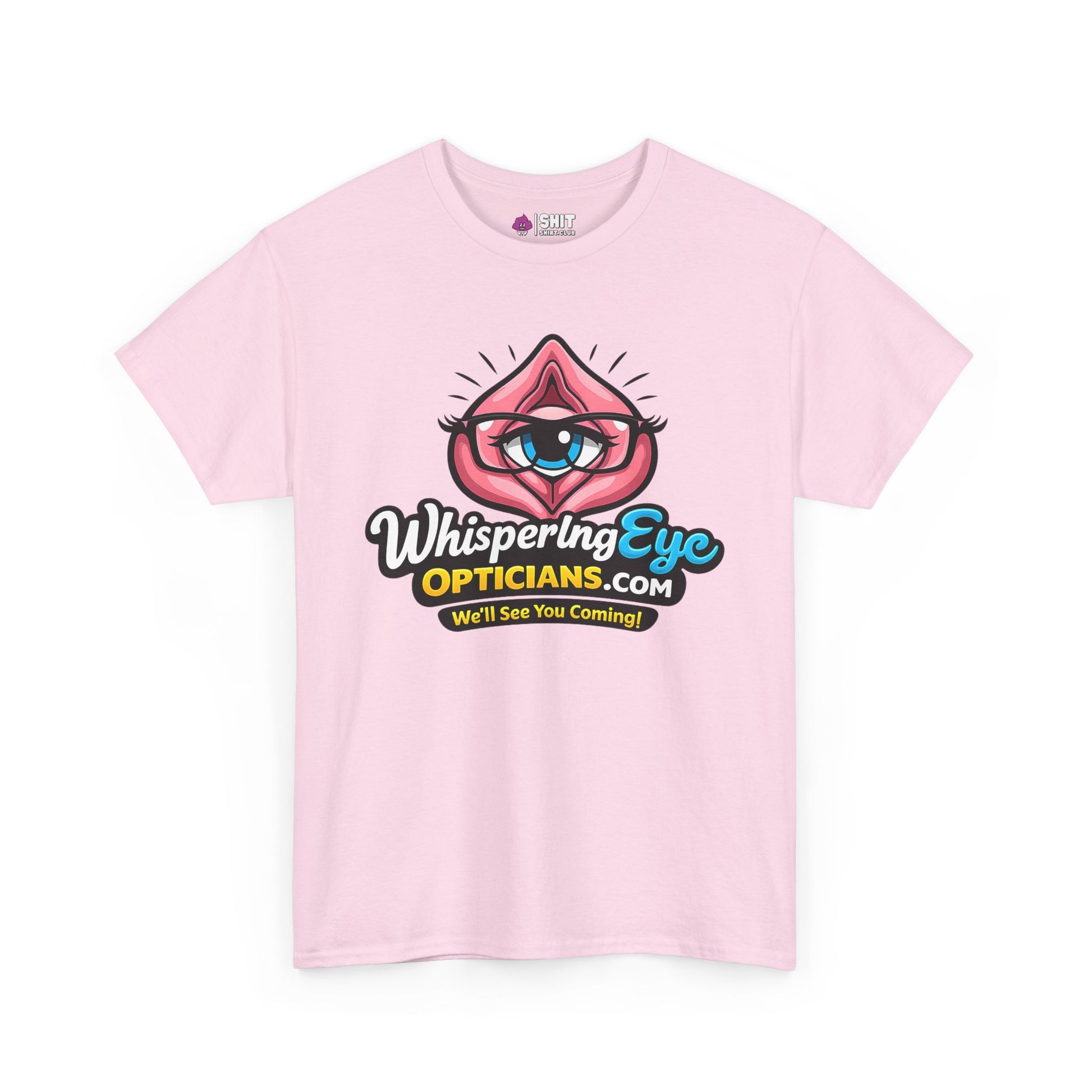 The Whispering Eye Opticians Logo Tee (We’ll See You Coming!) is a light pink st﻿ag do T-shirt featuring an eye inside a pink lip outline, bold "Whispering Eye Opticians.com" text, and the cheeky tagline below.
