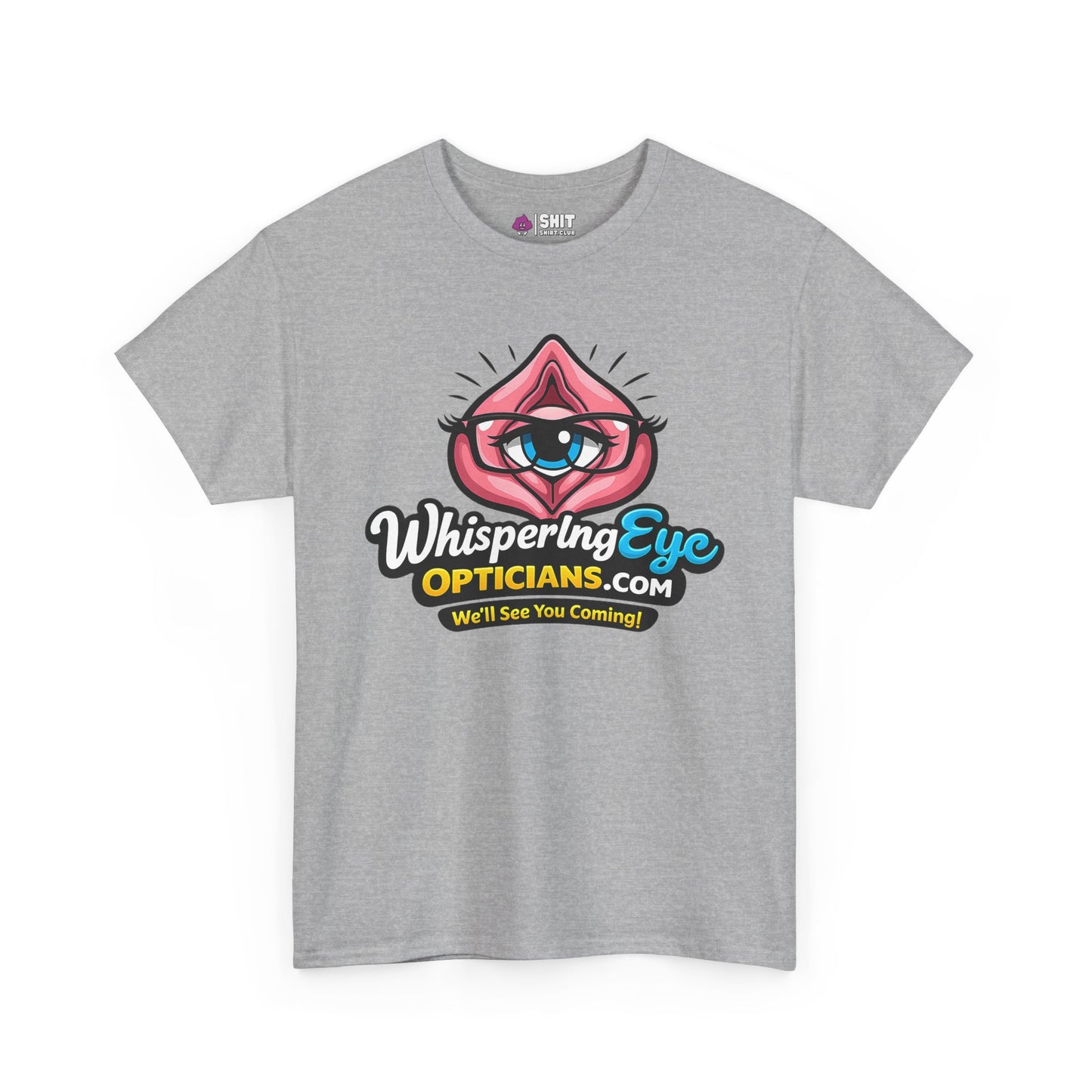 The Whispering Eye Opticians Logo Tee (We’ll See You Coming!) is a gray shirt with a cartoon eye in lips and bold logos—ideal stag do attire for anyone with a cheeky sense of humor.