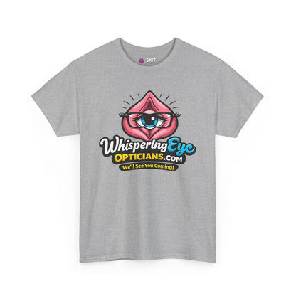 The Whispering Eye Opticians Logo Tee (We’ll See You Coming!) is a gray shirt with a cartoon eye in lips and bold logos—ideal stag do attire for anyone with a cheeky sense of humor.