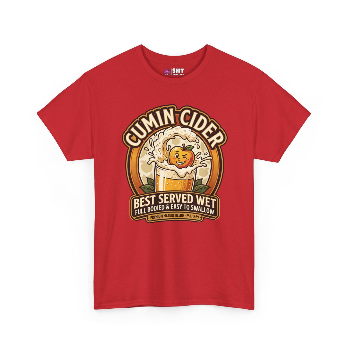 The Cumin Cider Stag Do Tee features a fun logo with a smiling apple in cider and reads: Best Served Wet. Full Bodied & Easy to Swallow. Premium Mature Blend. Est. 1969—perfect for stag parties!.