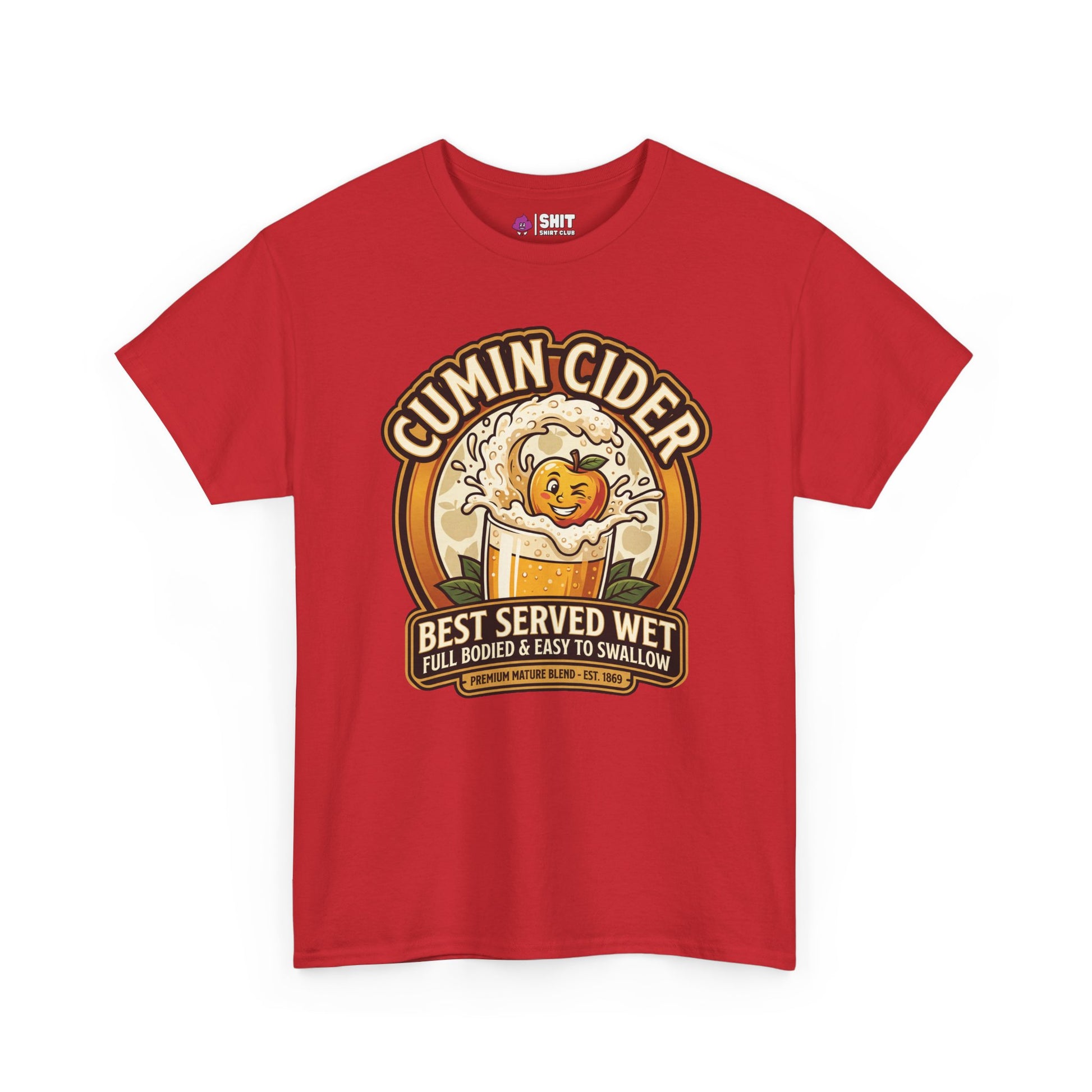 The Cumin Cider Stag Do Tee features a fun logo with a smiling apple in cider and reads: Best Served Wet. Full Bodied & Easy to Swallow. Premium Mature Blend. Est. 1969—perfect for stag parties!.