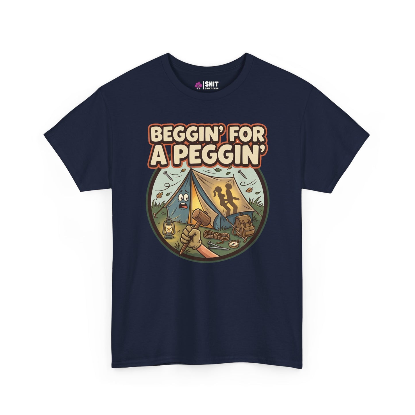 The Beggin' for a Peggin' Camping Tee is a navy blue shirt with a cartoon camping scene, featuring a tent, campfire, logs, and two silhouetted people—perfect for festival outfits and campers with a sense of humor.