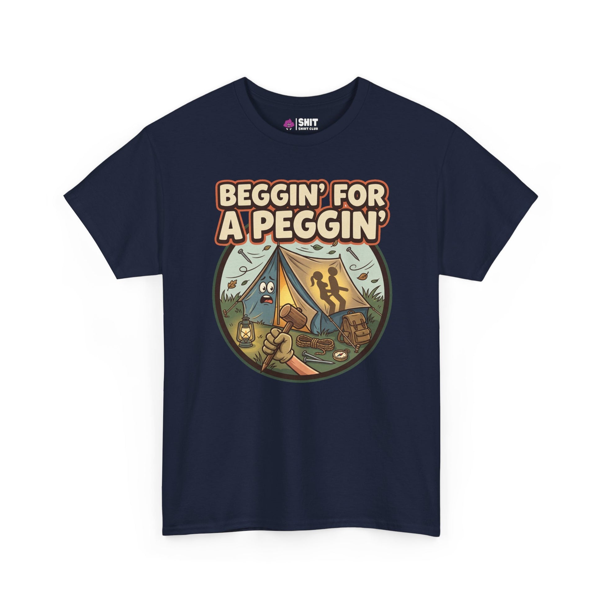 The Beggin' for a Peggin' Camping Tee is a navy blue shirt with a cartoon camping scene, featuring a tent, campfire, logs, and two silhouetted people—perfect for festival outfits and campers with a sense of humor.