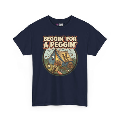 The Beggin' for a Peggin' Camping Tee is a navy blue shirt with a cartoon camping scene, featuring a tent, campfire, logs, and two silhouetted people—perfect for festival outfits and campers with a sense of humor.
