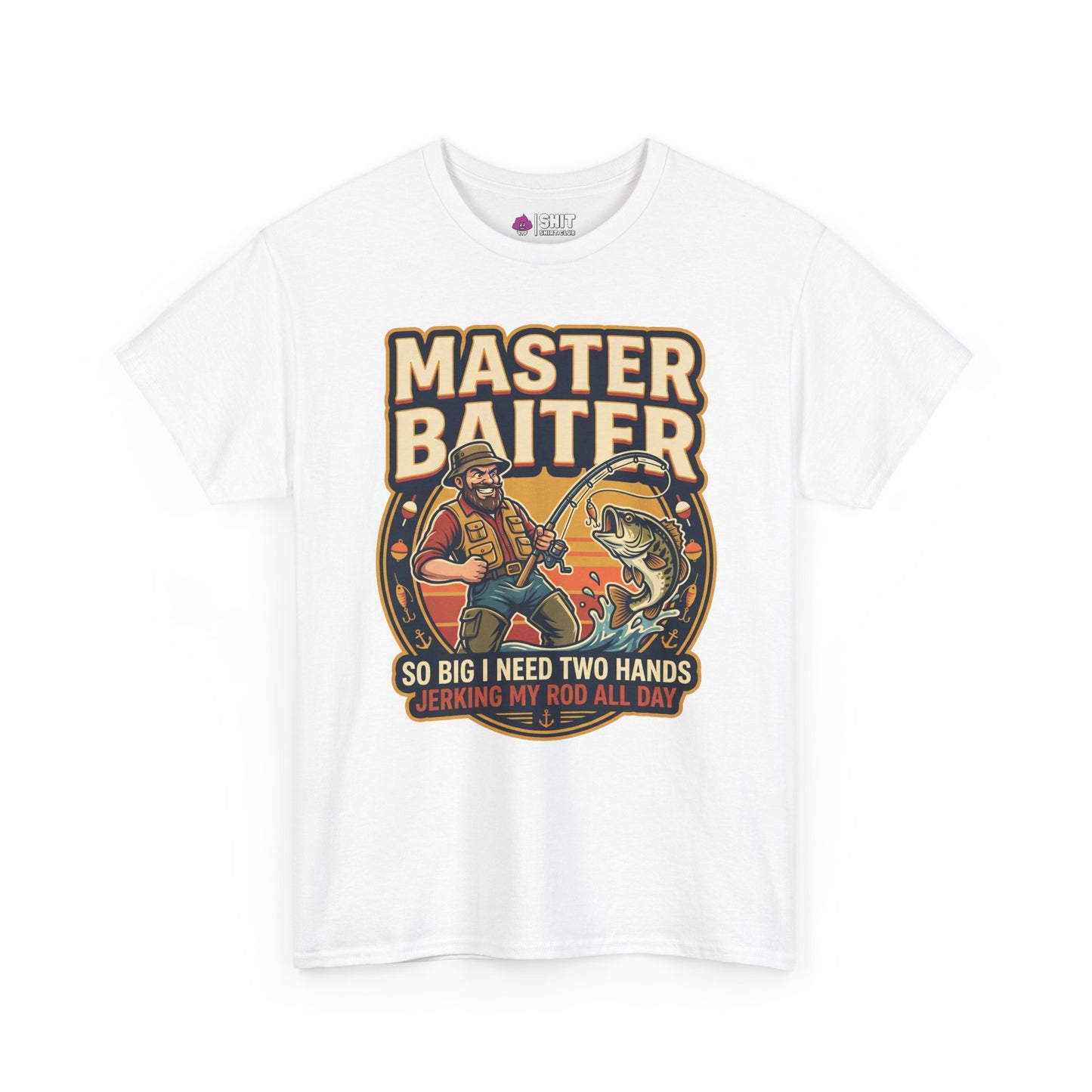The Master Baiter Rude Fishing Tee features a cartoon man fishing with a big catch, bold "MASTER BAITER" text above, and the cheeky phrase "So big I need two hands. Jerking my rod all day" below—a funny shirt for anglers.