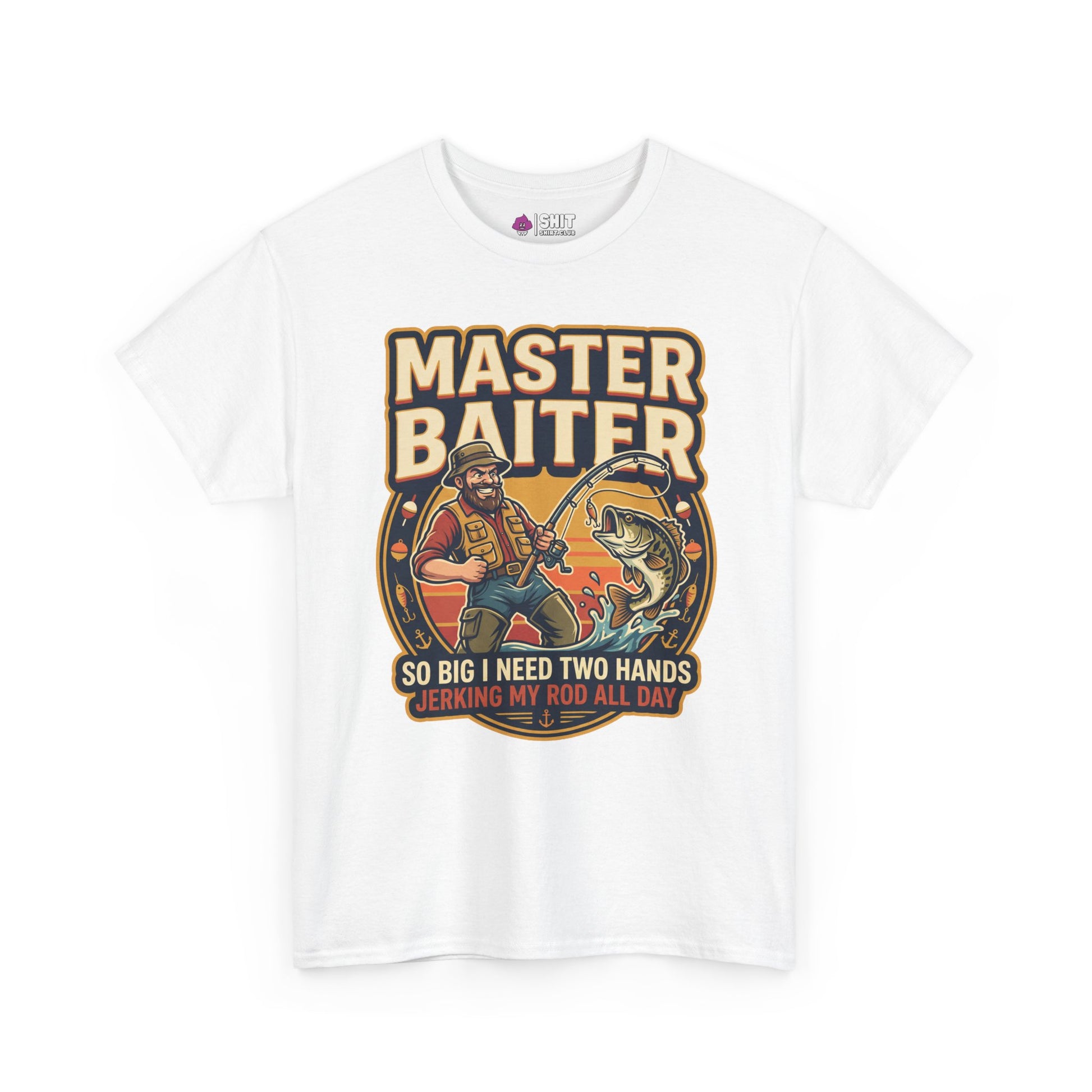 The Master Baiter Rude Fishing Tee features a cartoon man fishing with a big catch, bold "MASTER BAITER" text above, and the cheeky phrase "So big I need two hands. Jerking my rod all day" below—a funny shirt for anglers.