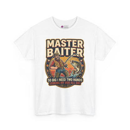 The Master Baiter Rude Fishing Tee features a cartoon man fishing with a big catch, bold "MASTER BAITER" text above, and the cheeky phrase "So big I need two hands. Jerking my rod all day" below—a funny shirt for anglers.
