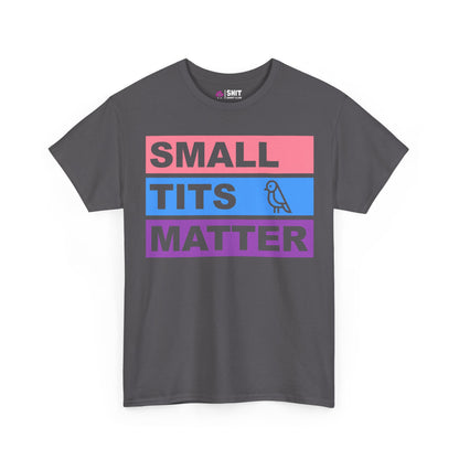 The Small Tits Matter Tee in charcoal gray displays bold pink, blue, and purple “TITS” blocks with a bird drawing—making it a quirky choice for hen dos or a fun bride tribe shirt at your next celebration.