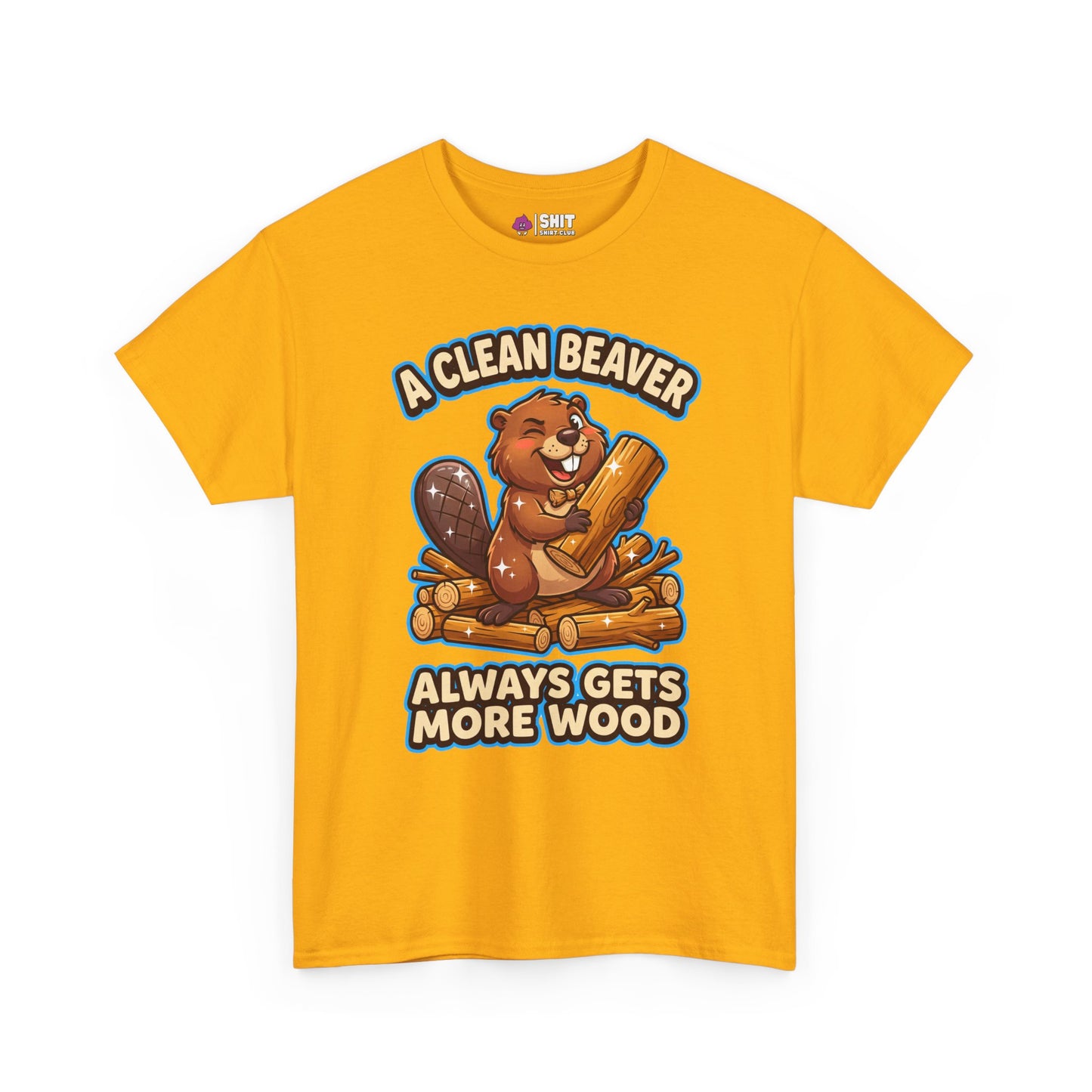 The "A Clean Beaver Always Gets More Wood" Stag Do Tee is a yellow shirt with a cartoon beaver on logs and the funny slogan—perfect for matching stag do outfits.
