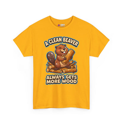 The "A Clean Beaver Always Gets More Wood" Stag Do Tee is a yellow shirt with a cartoon beaver on logs and the funny slogan—perfect for matching stag do outfits.