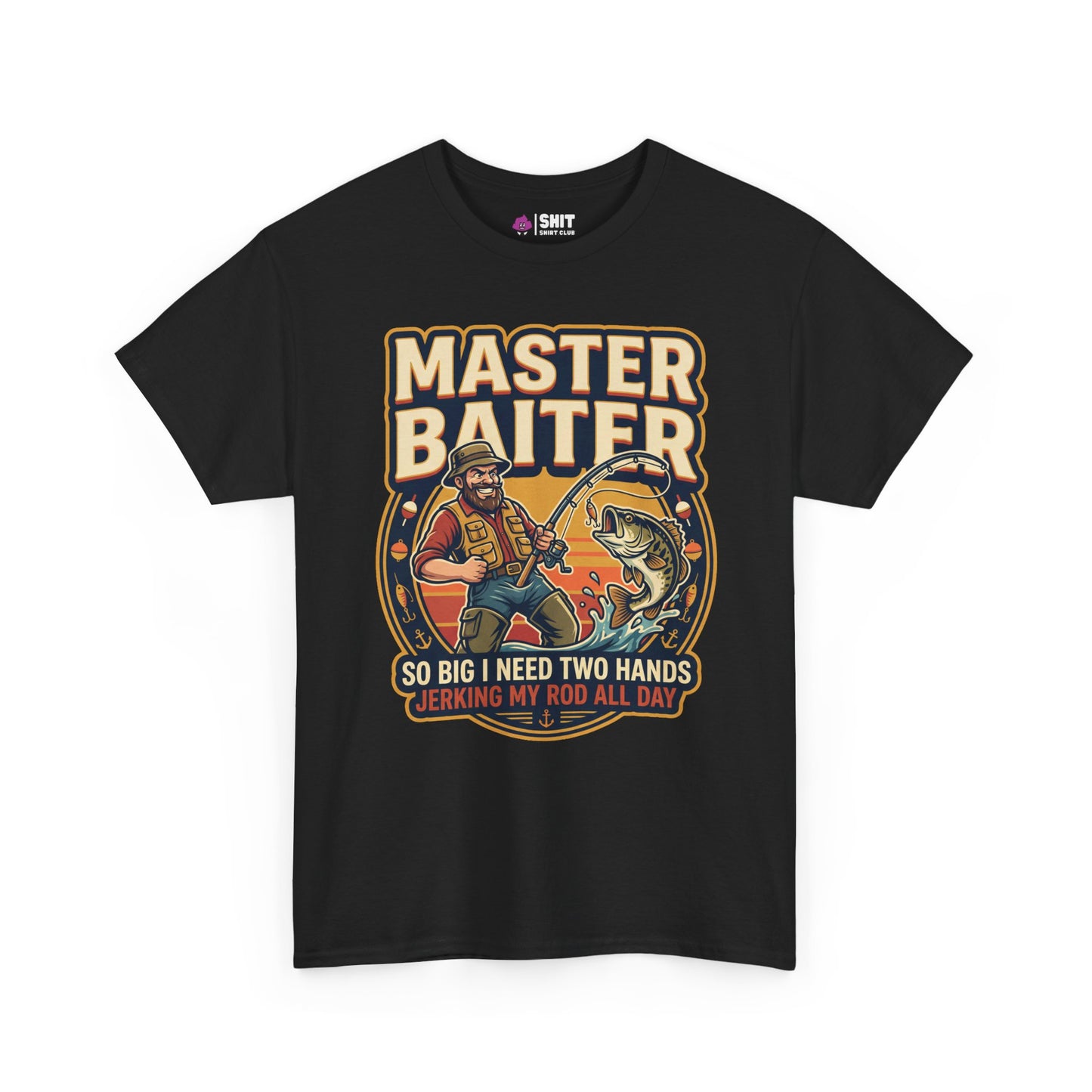 Colorful and playful, the Master Baiter Rude Fishing Tee features a cartoon fisherman, bold “MASTER BAITER” text, and a cheeky line—ideal for anyone with a sense of humor who loves funny fishing t-shirts.